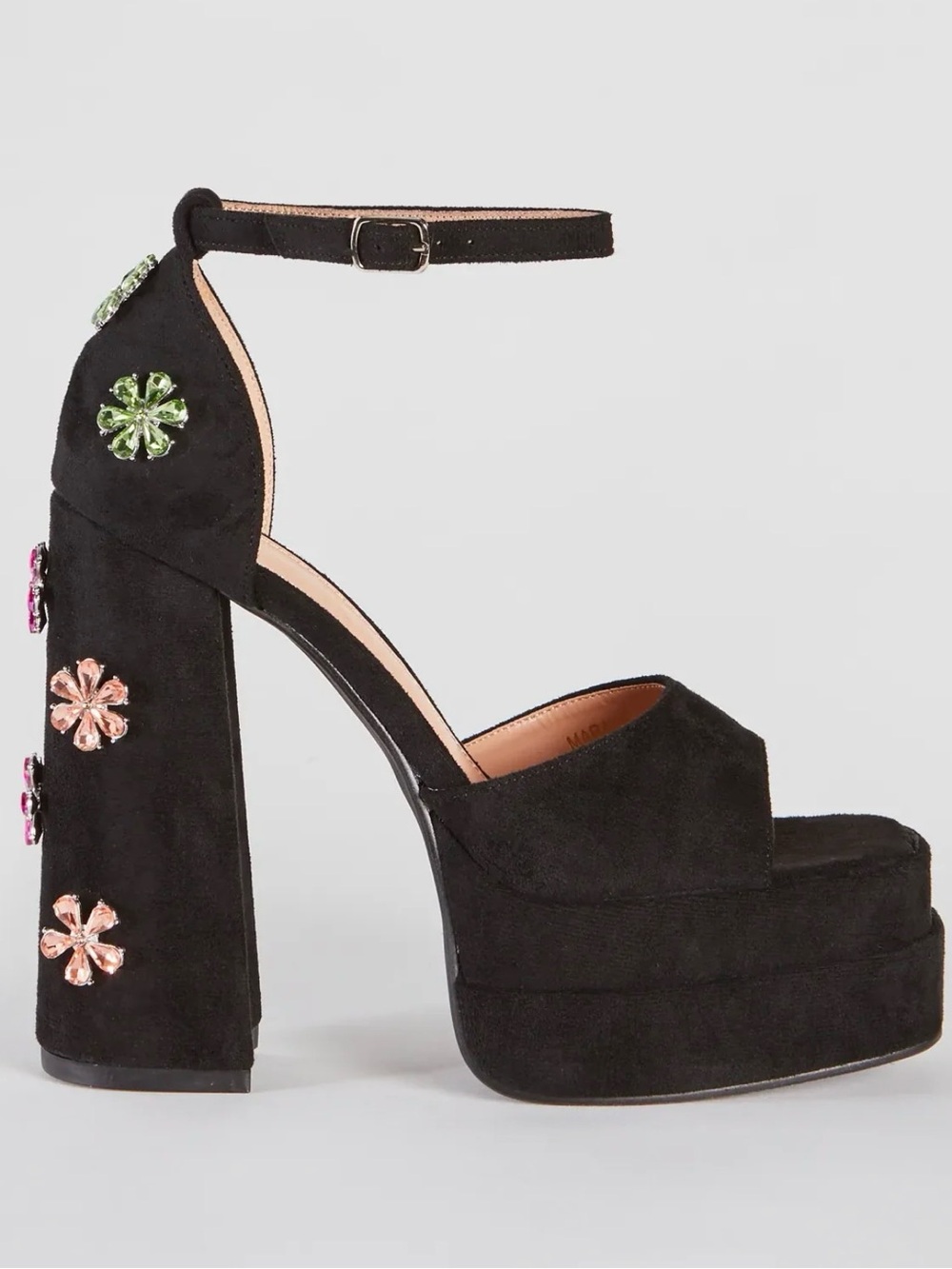 Windsor Black Suede Platform Ankle-Strap Heels with Multicolor Floral Gems